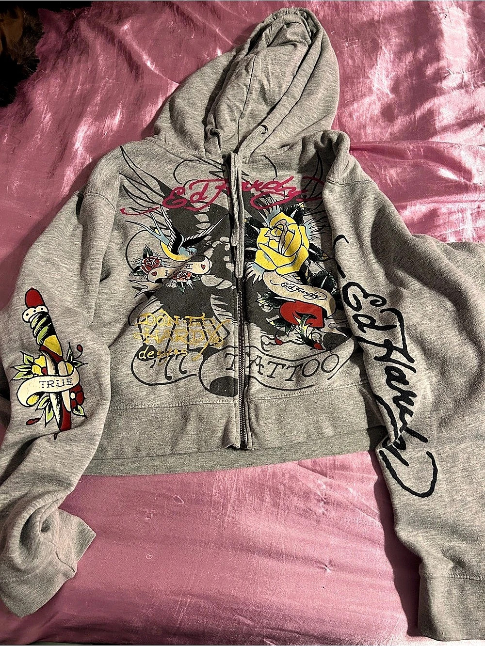 Ed Hardy Brave Eagle Cropped Zip-Up Hoodie Gray